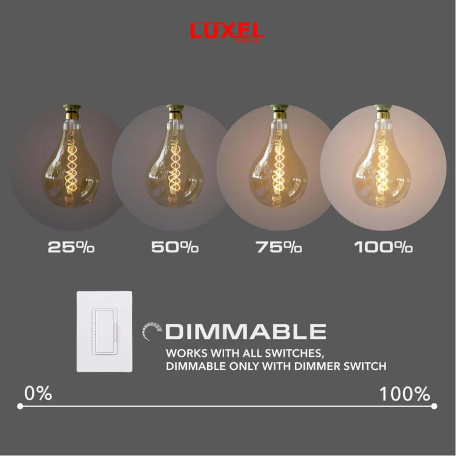 Dimmable demonstration of Luxel LED bulb showing brightness levels at 25%, 50%, 75%, and 100%.