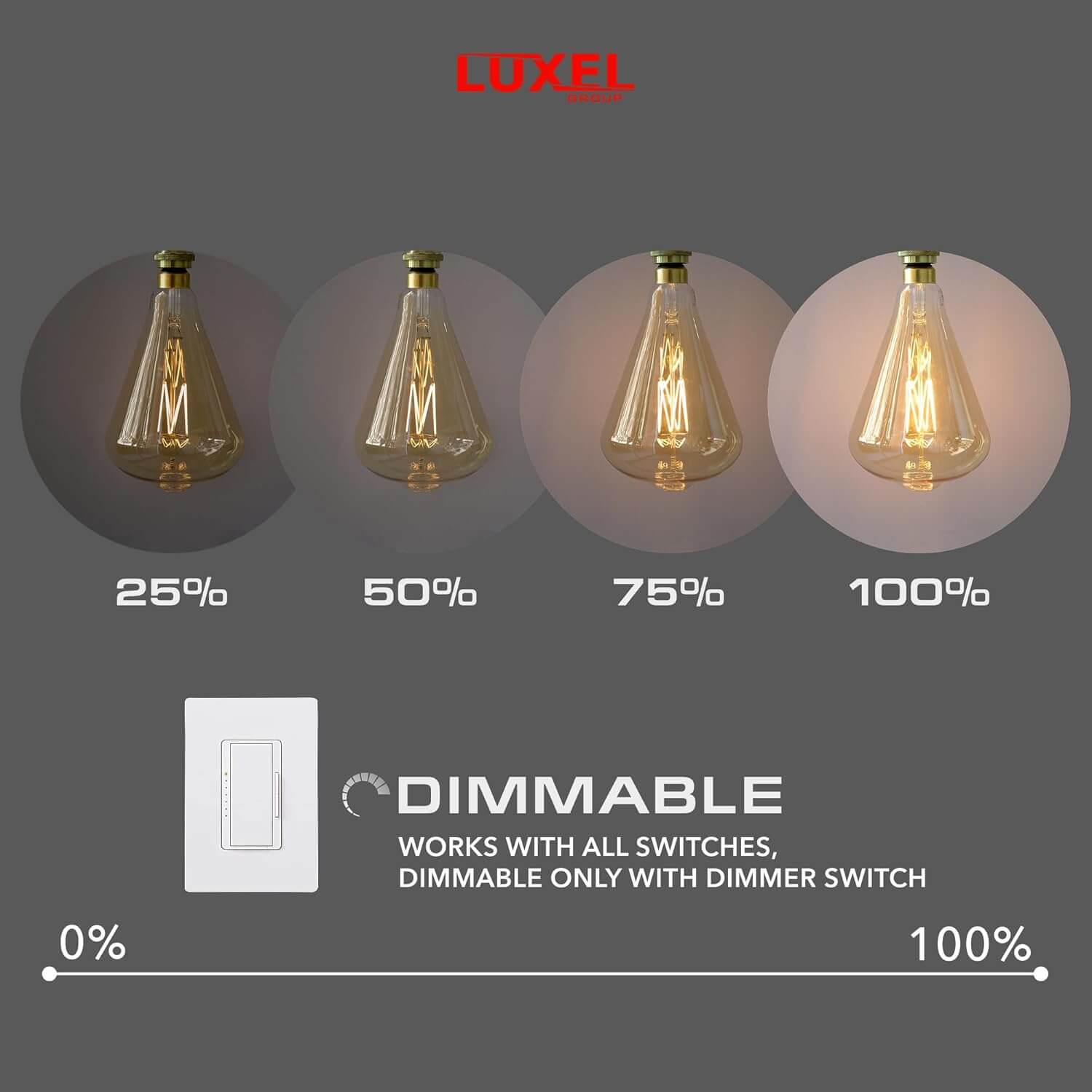 Dimming range of ST164 Gold bulb shown at 25%, 50%, 75%, and 100% brightness