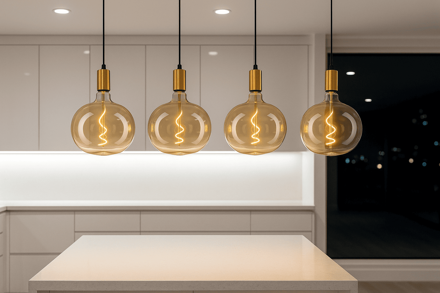 Modern kitchen with pendant lights hanging above a countertop