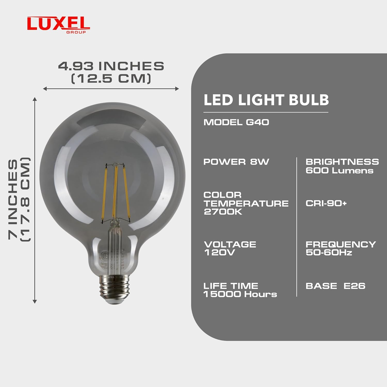 LED light bulb with specifications on a gray background