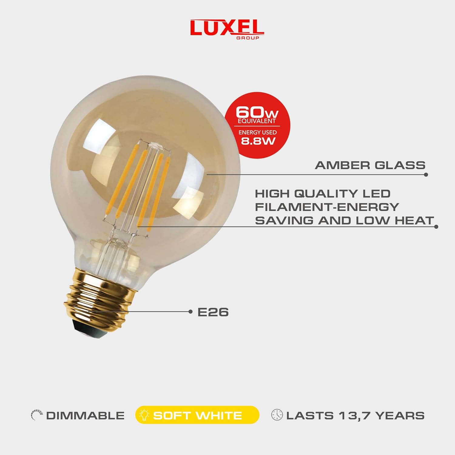 Luxel LED light bulb with features highlighted on a white background