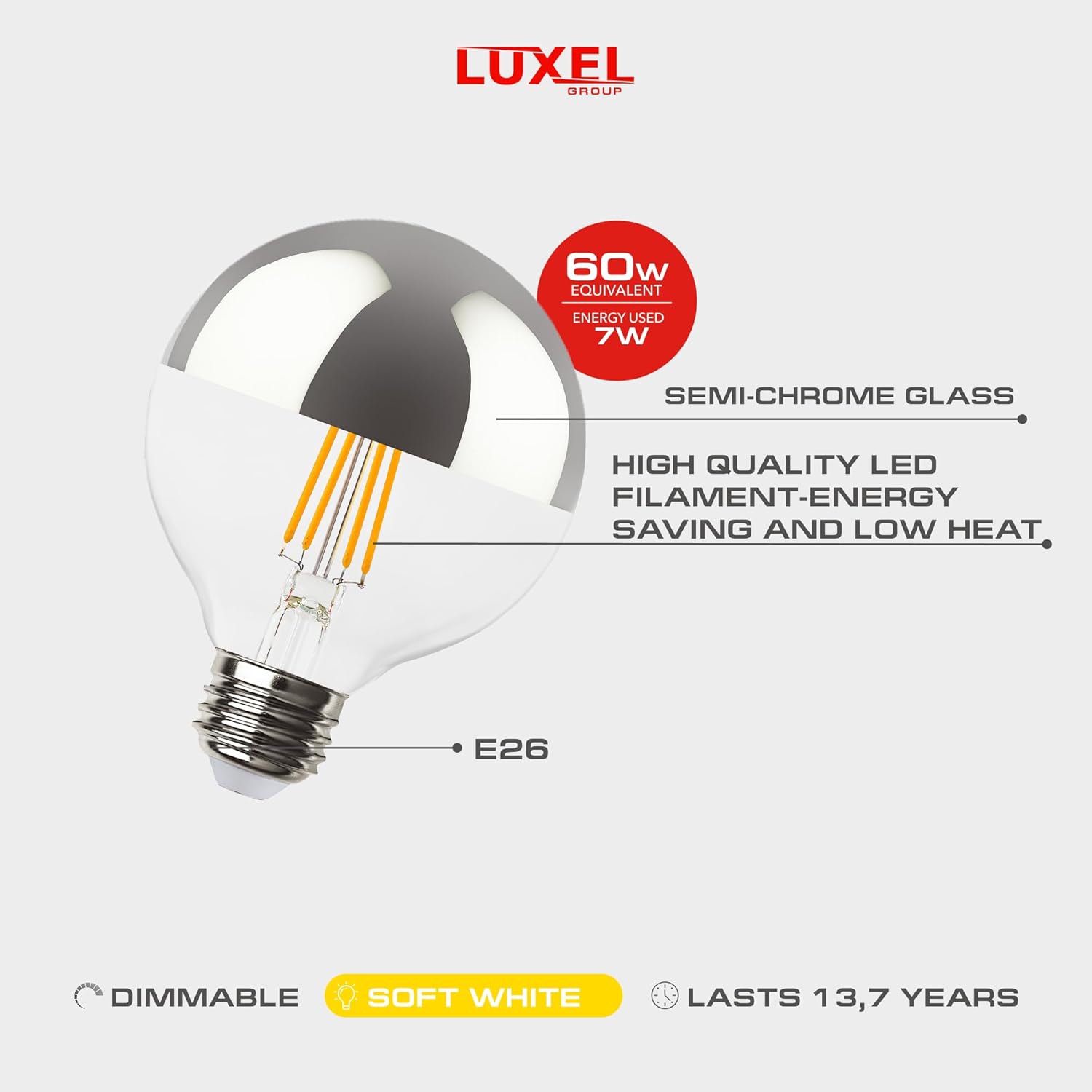 Semi-chrome glass LED Edison bulb 7W 60W equivalent with amber filament