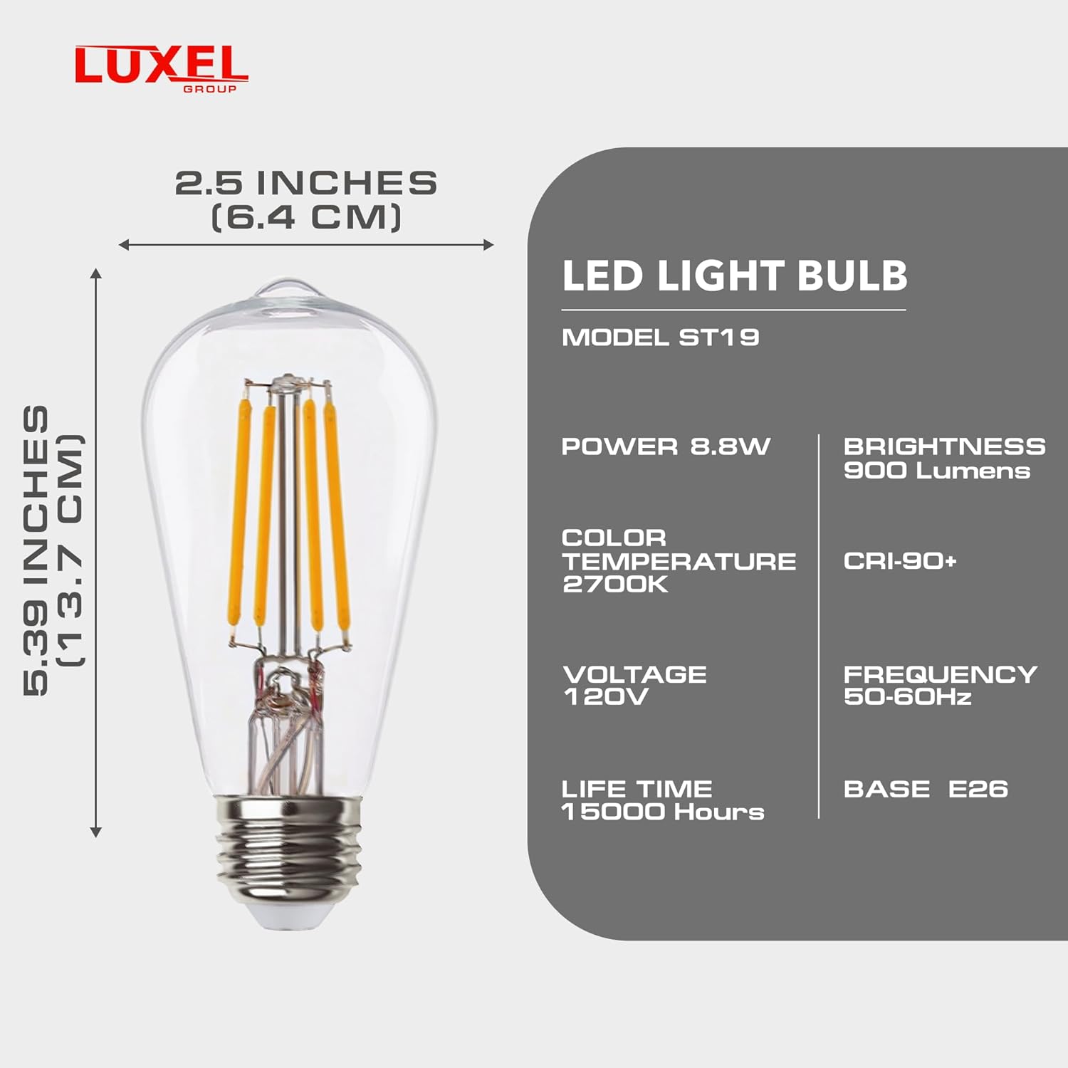 Close-up of Luxel Vintage LED Edison Bulb ST19/ST64 with amber glass, E26 base, 8.8W dimmable.