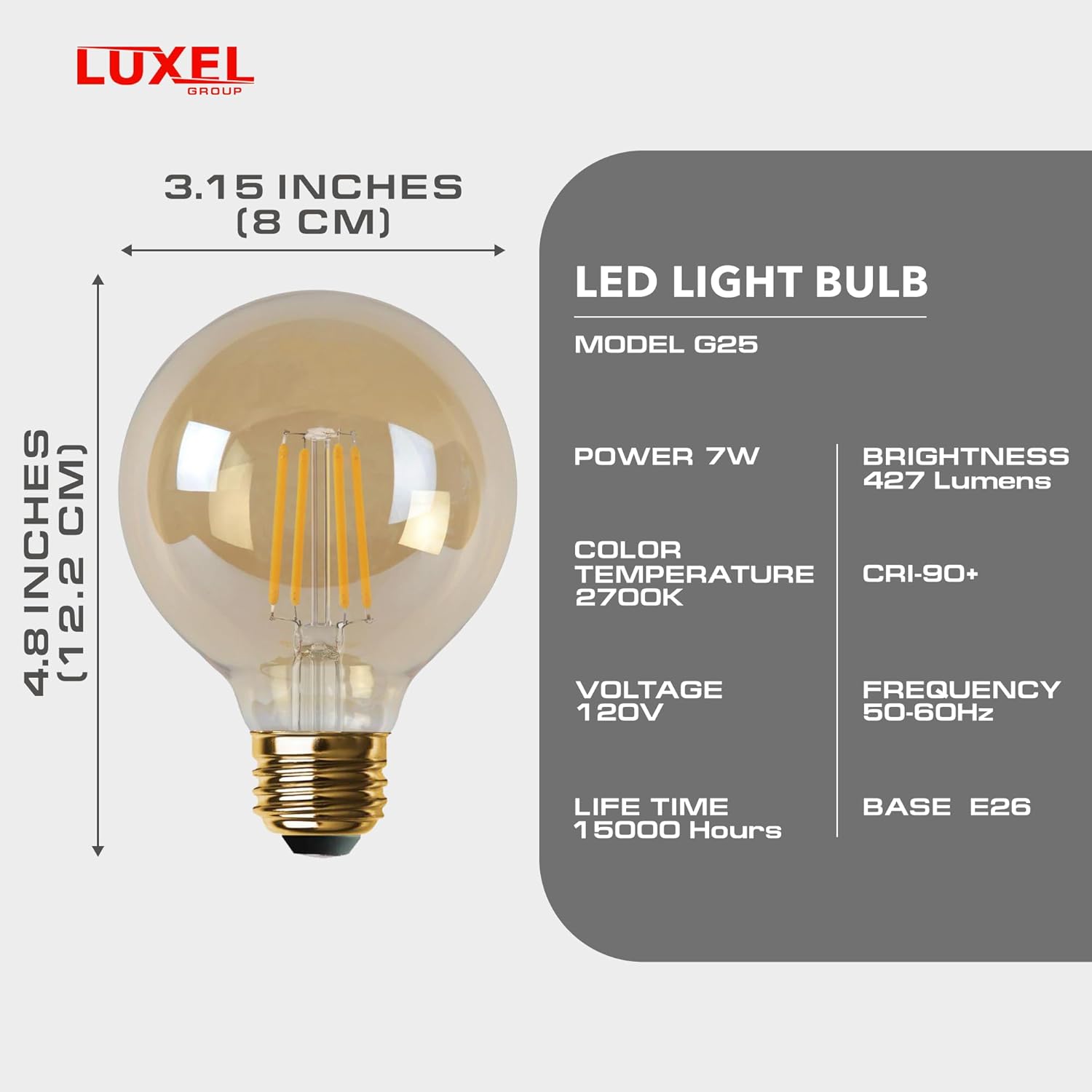 Amber glass LED Edison bulb G25 with dimensions and specifications, 7W 2700K