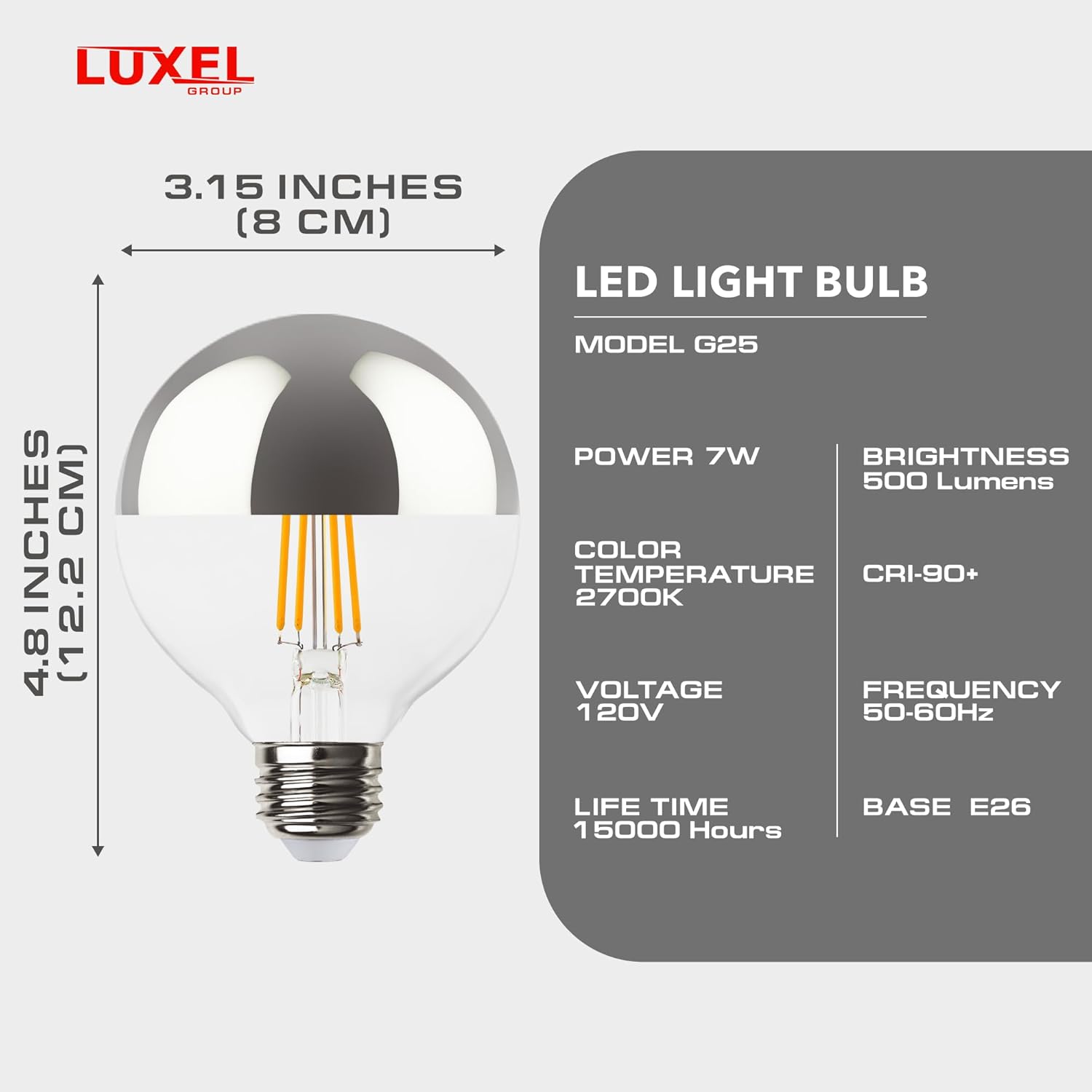 Luxel LED Edison bulb G80 with dimensions and specifications, 500 lumens CRI 90+