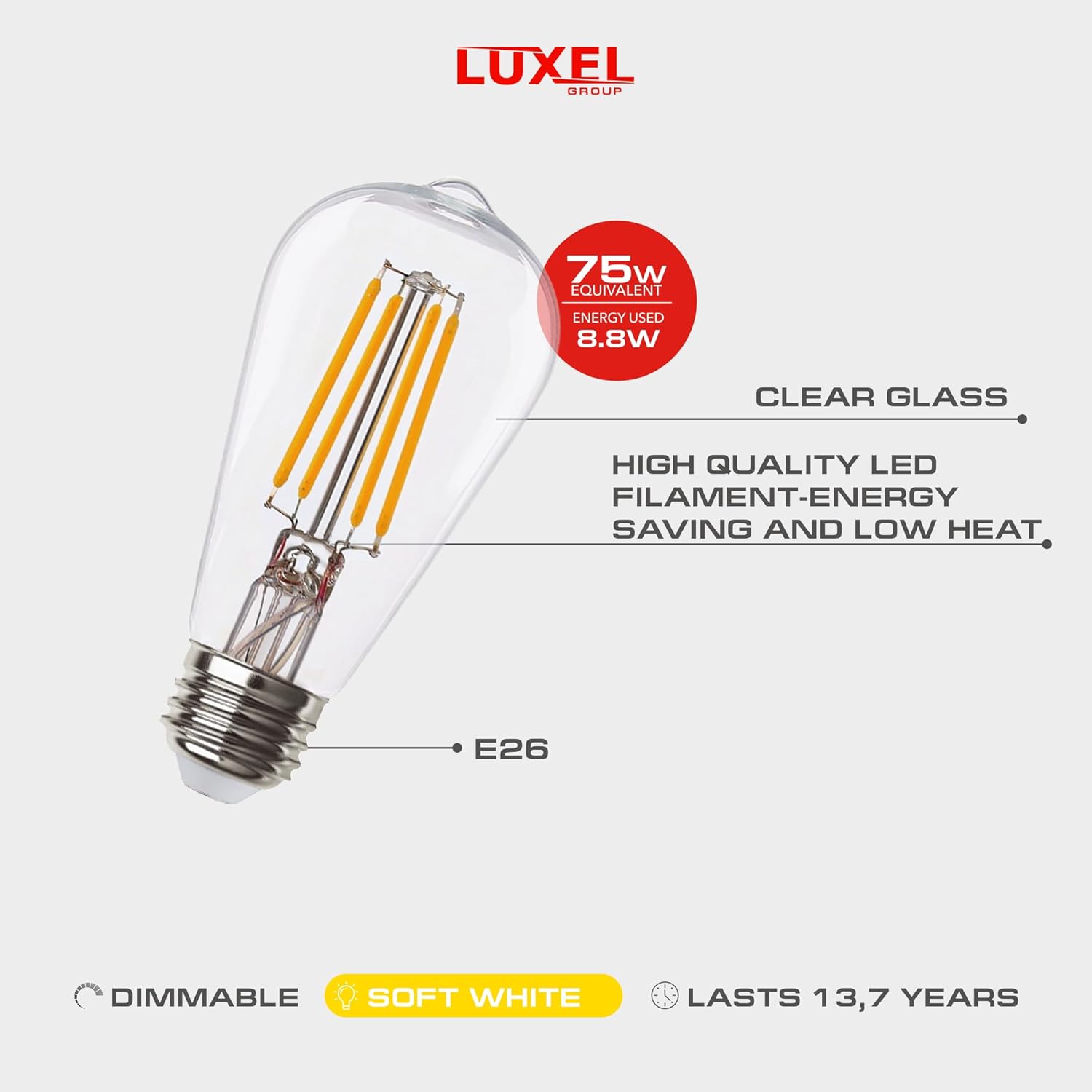 Luxel LED Edison Bulb dimmable demonstration from 25% to 100% brightness.