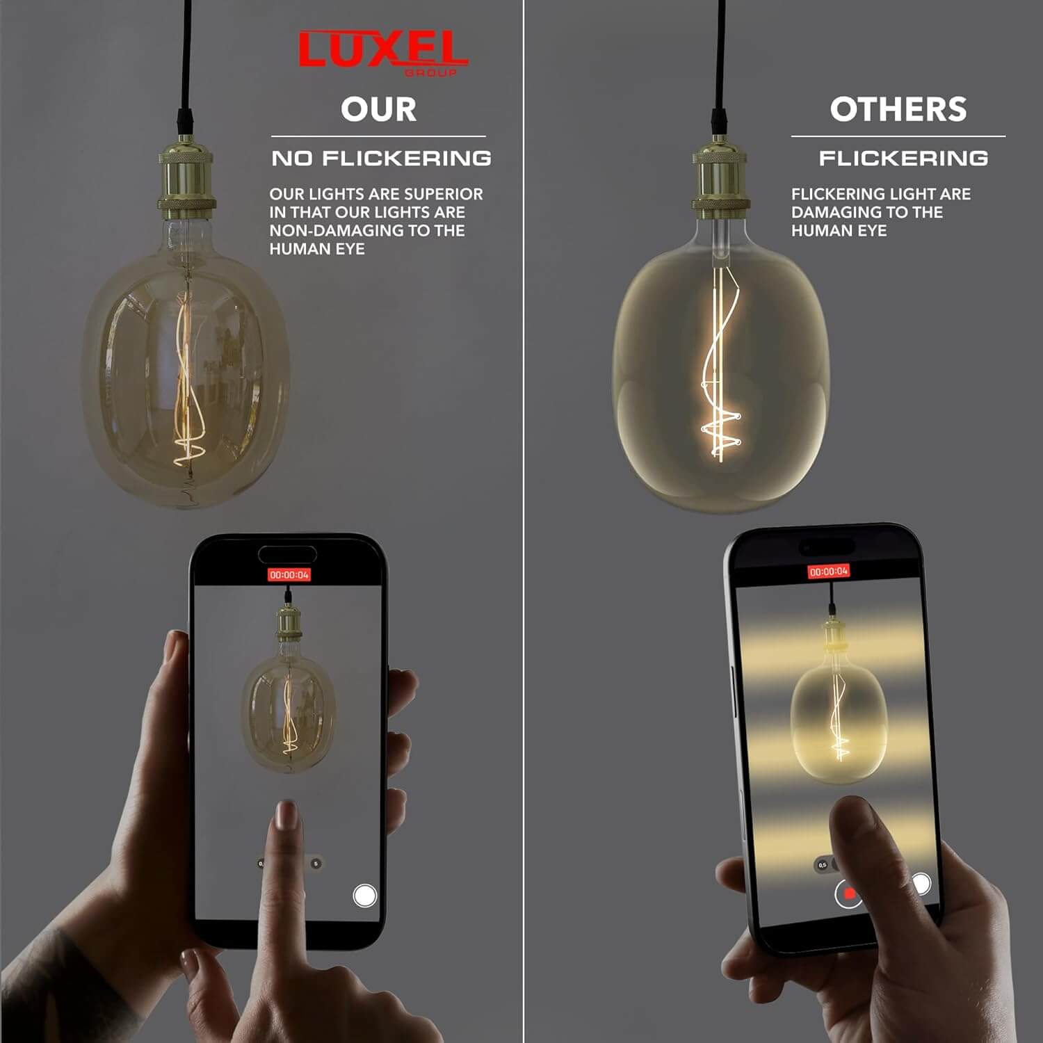 Comparison of Luxel Group LED bulb showing no flickering vs flickering from a generic bulb under camera test.