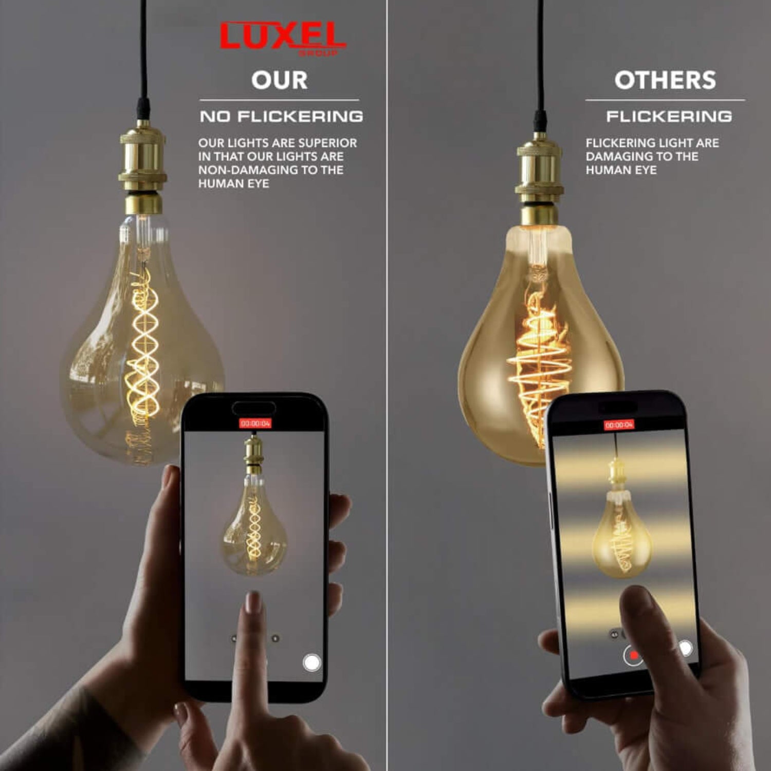 Comparison of Luxel non-flickering LED bulb vs a flickering competitor, both viewed through smartphone camera.