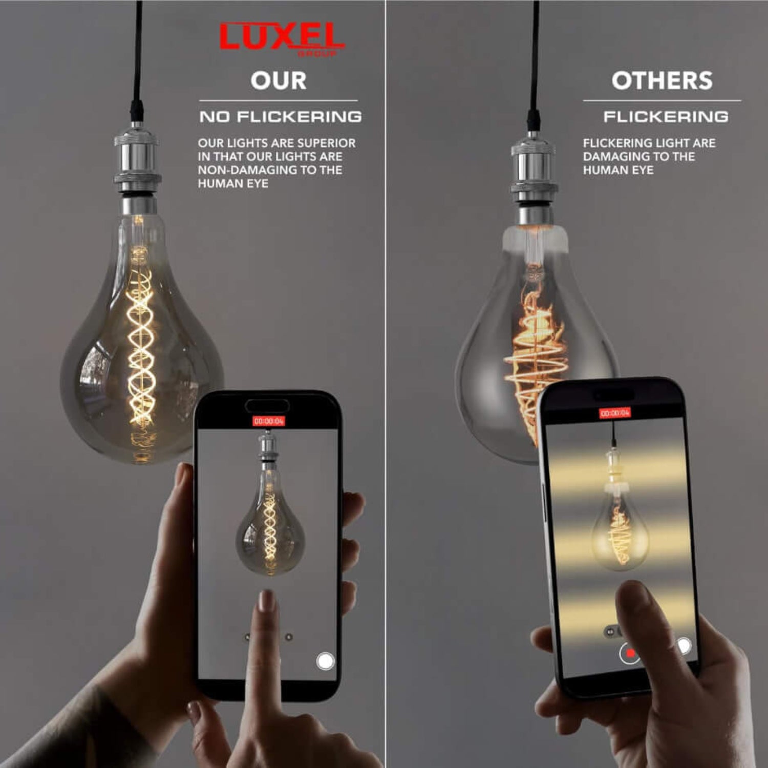 Comparison of Luxel LED bulb vs. flickering competitor bulb using smartphone camera to show no-flicker feature.