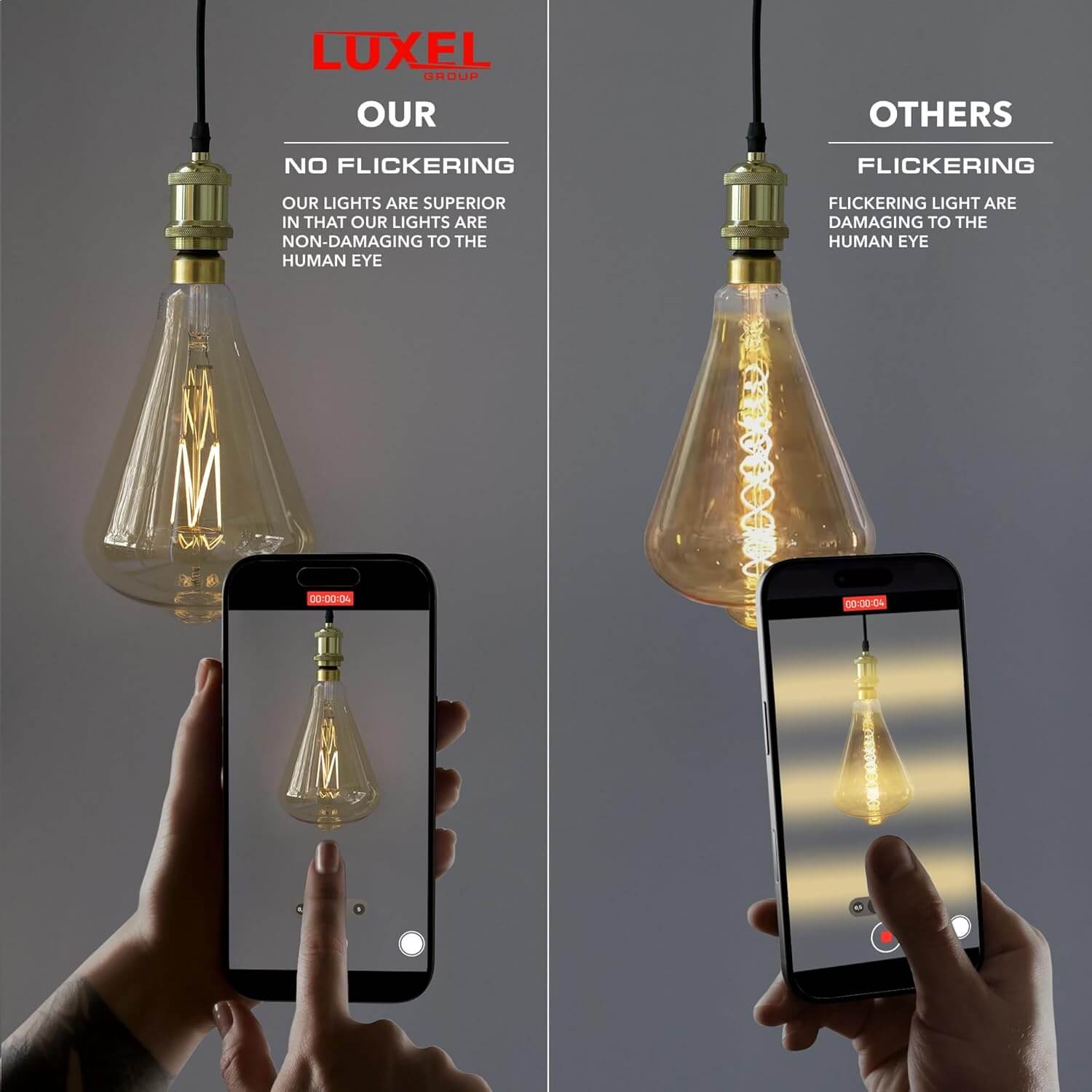 Comparison of no-flicker Luxel ST164 bulb vs flickering competitor bulb