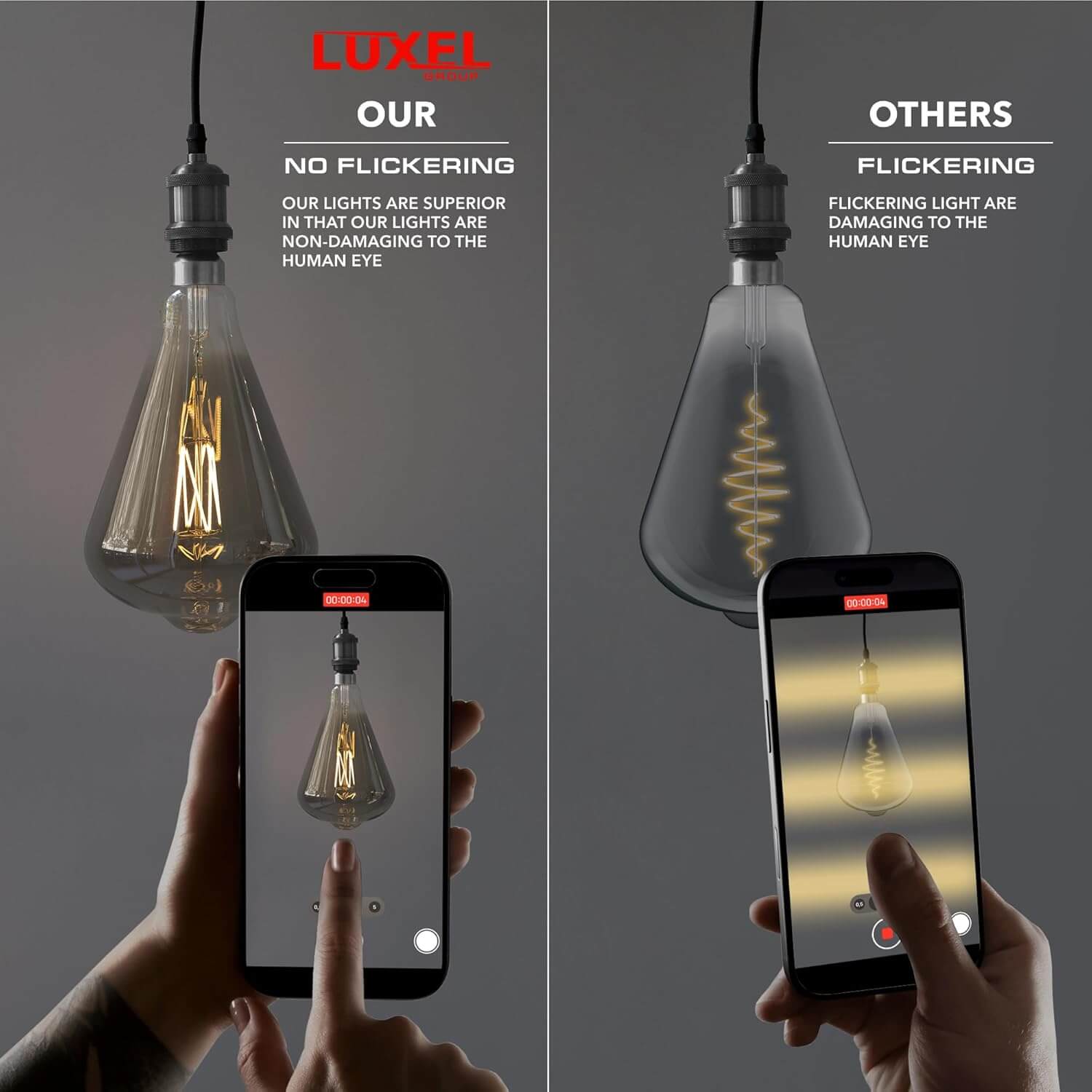 Demonstration of Luxel bulb’s flicker-free performance vs standard flickering LED bulb