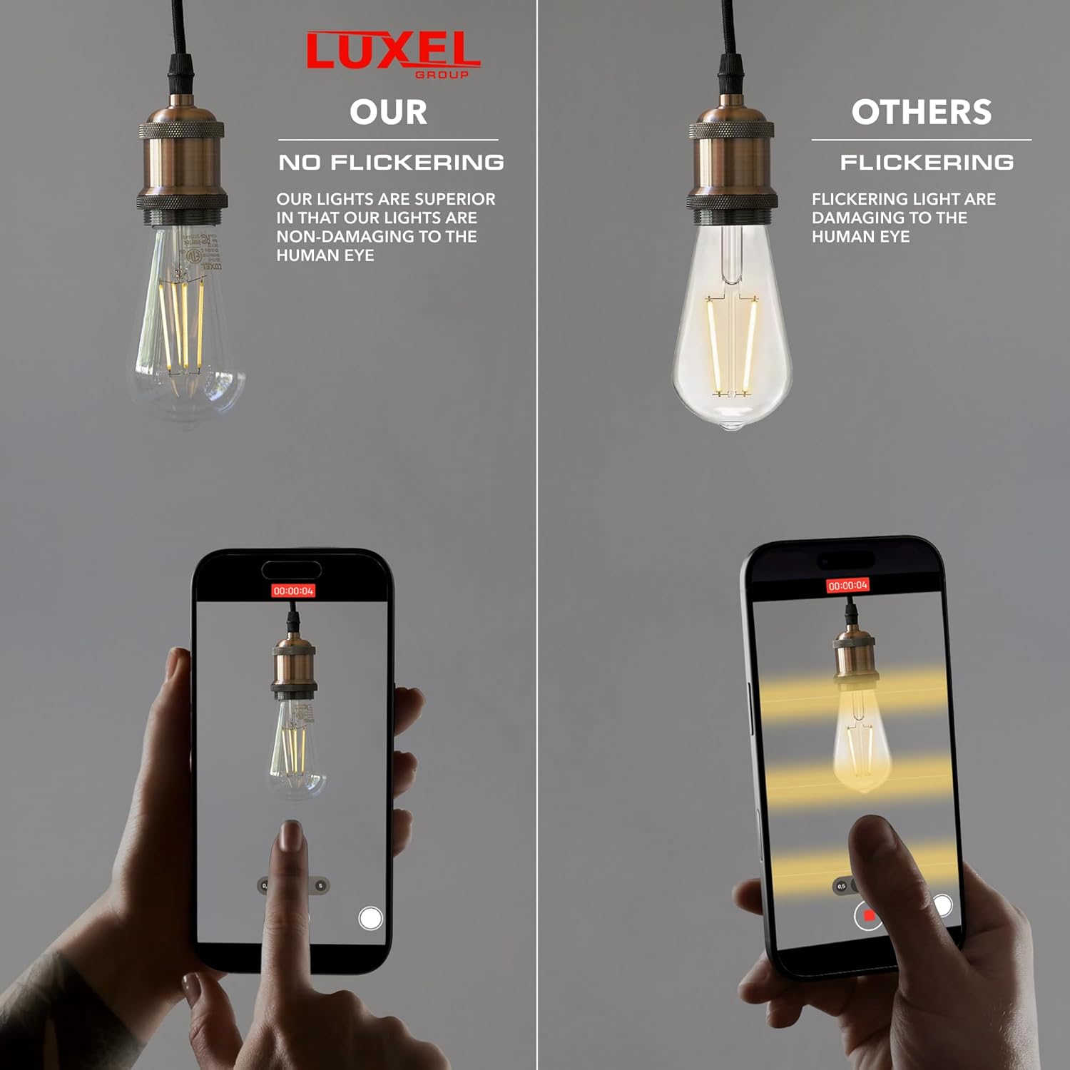 Luxel LED Edison Bulb flicker-free lighting compared to standard bulb with flickering effect.