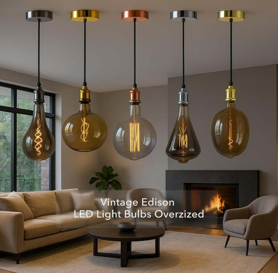 Five different oversized vintage Edison LED bulbs by Luxel hanging in a modern living room setting.