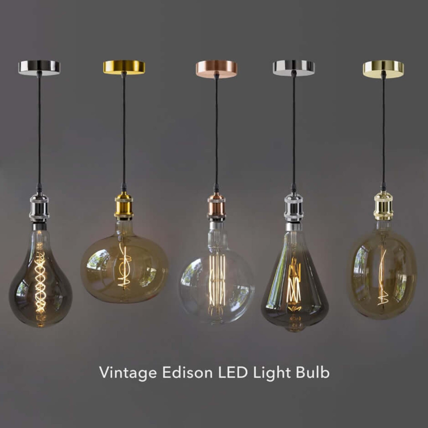 Vintage Edison-style LED light bulbs in various glass shapes and colors hanging from metallic ceiling fixtures.