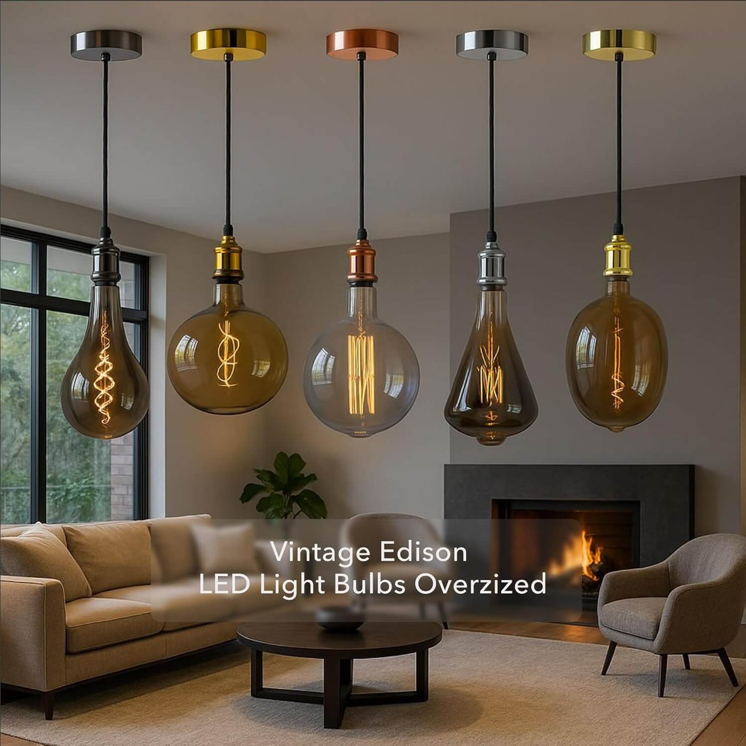 Modern living room with pendant lights featuring oversized vintage Edison LED bulbs