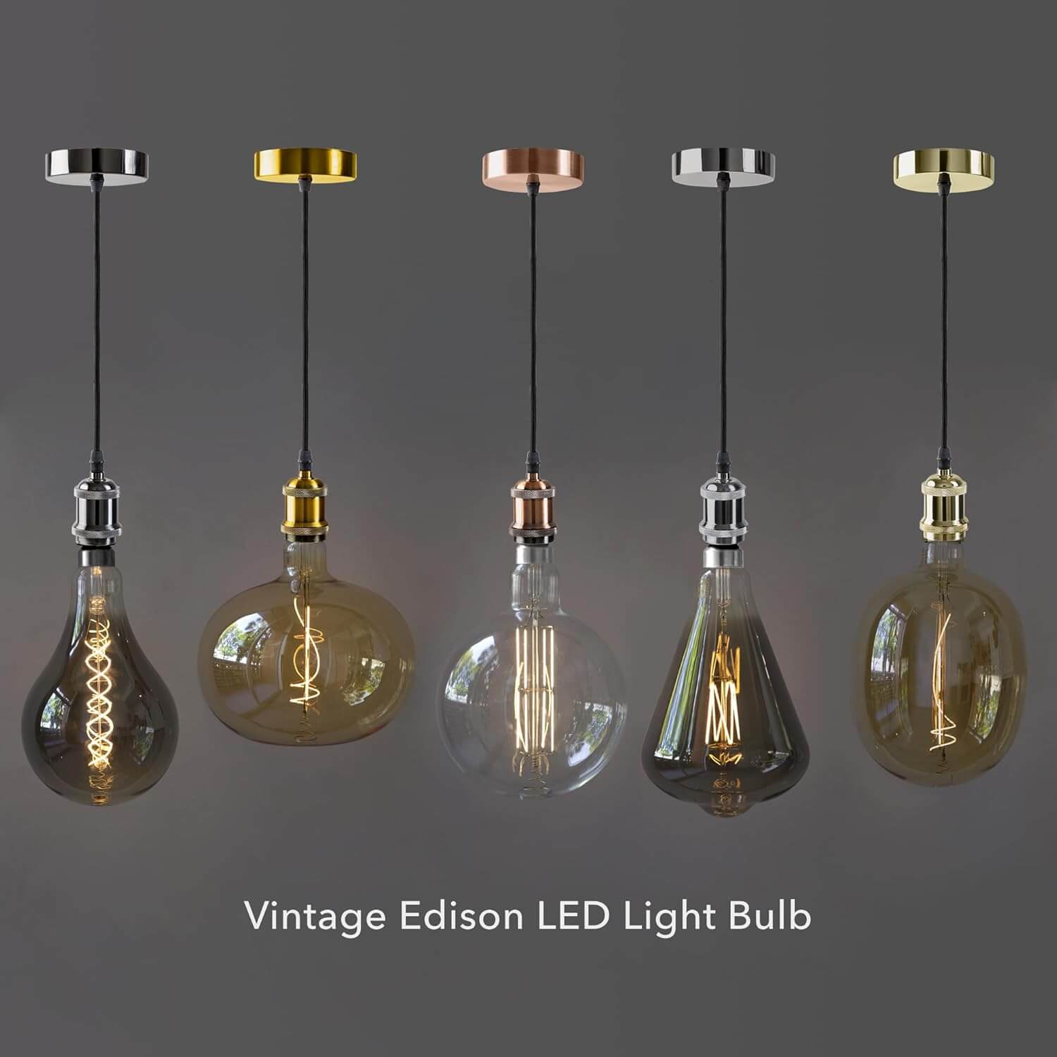 Collection of five vintage Edison LED bulbs with various glass shapes and metallic socket finishes