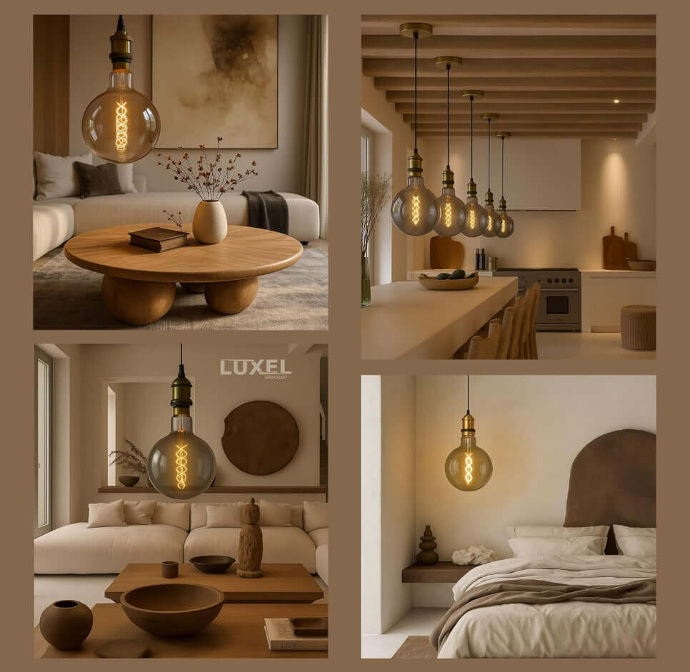 Luxel vintage-style smoky LED bulbs installed in cozy earth-toned interiors including bedroom, kitchen, and living room