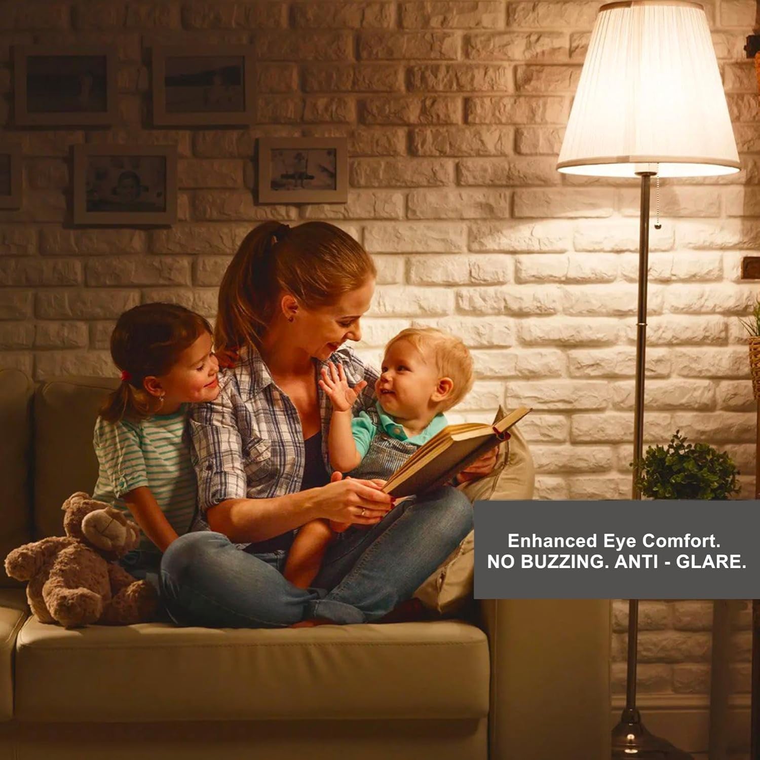 Warm light LED Edison bulb in living room lamp providing cozy family lighting