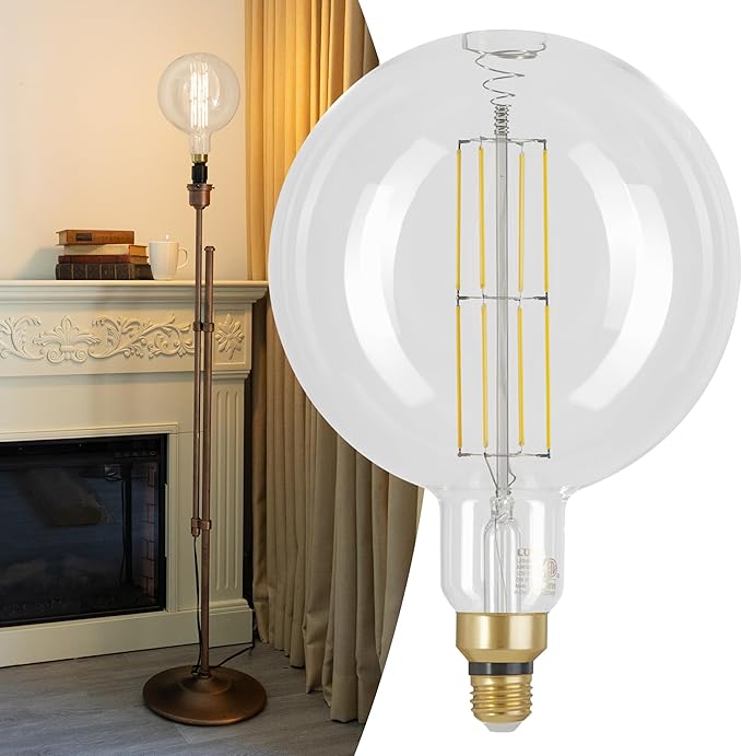 Vintage-style light bulb with a decorative lamp in a room setting.