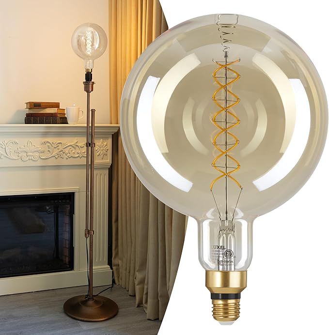 Decorative light bulb with spiral filament design in a home setting