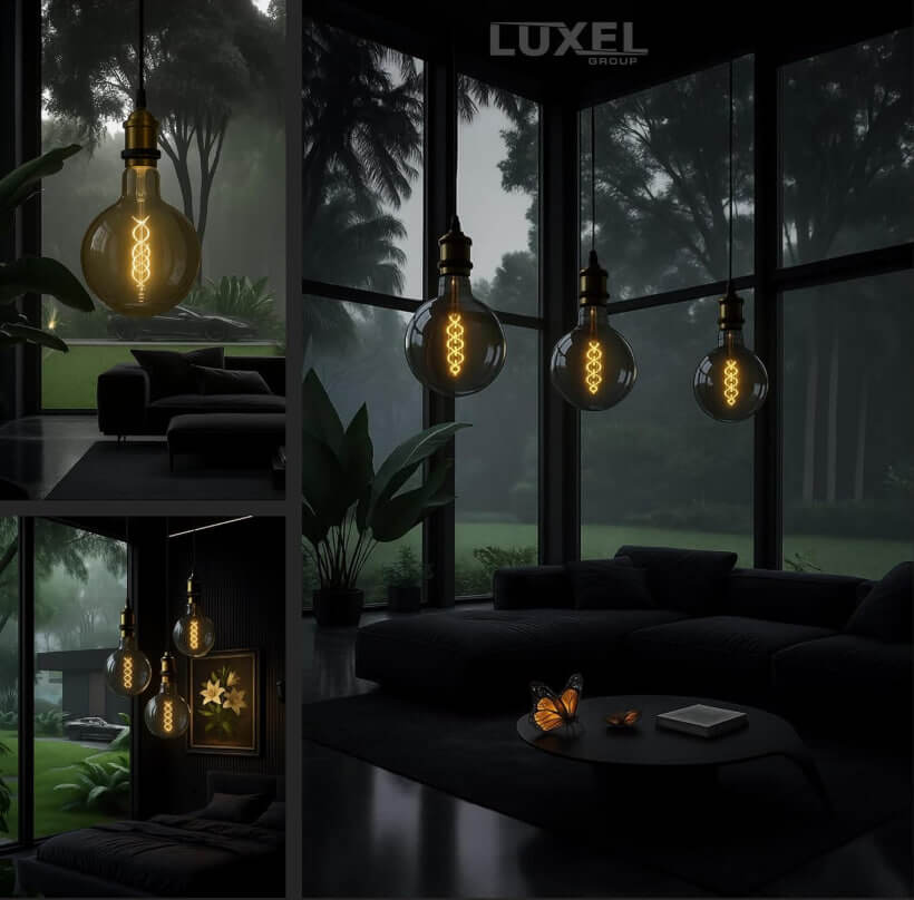 Close-up of Luxel vintage LED bulb showing warm glow and E26 base