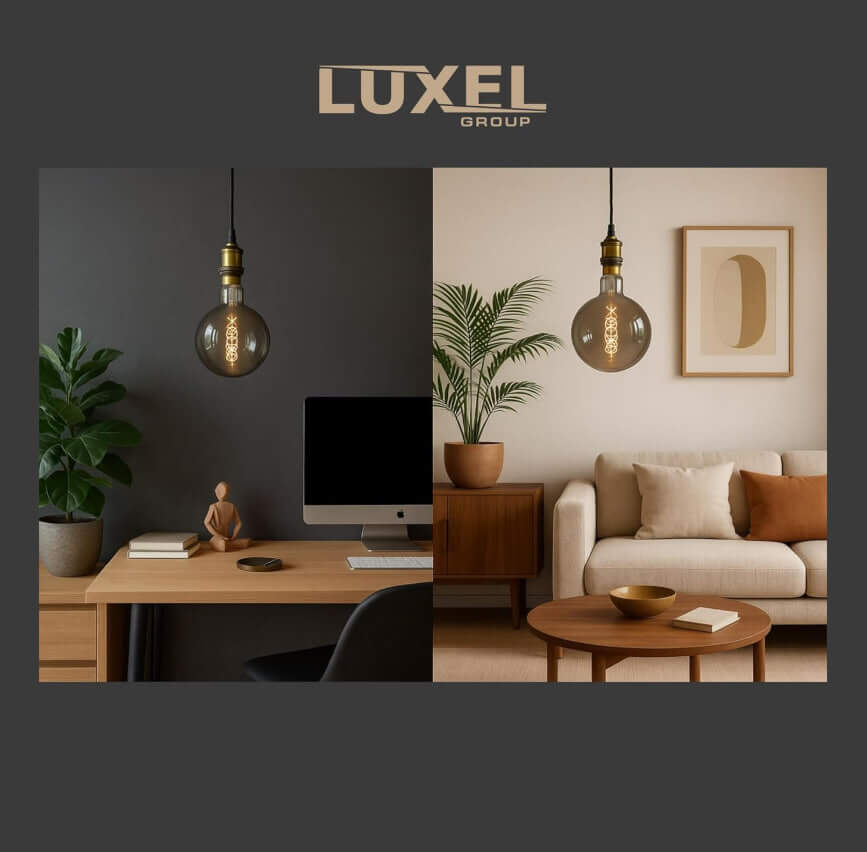 Luxel Group oversized Edison-style bulbs hanging in a living room with fireplace and neutral decor.