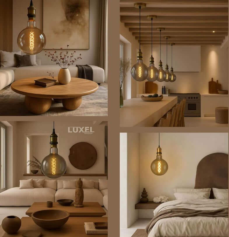 Luxel oversized Edison-style LED bulbs in cozy living, dining, and bedroom interiors with warm ambient lighting