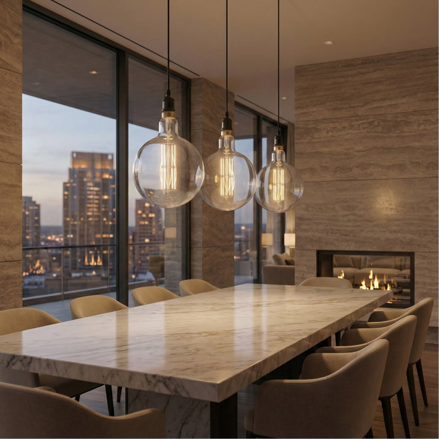 Modern dining room with marble table, pendant lights, and city view