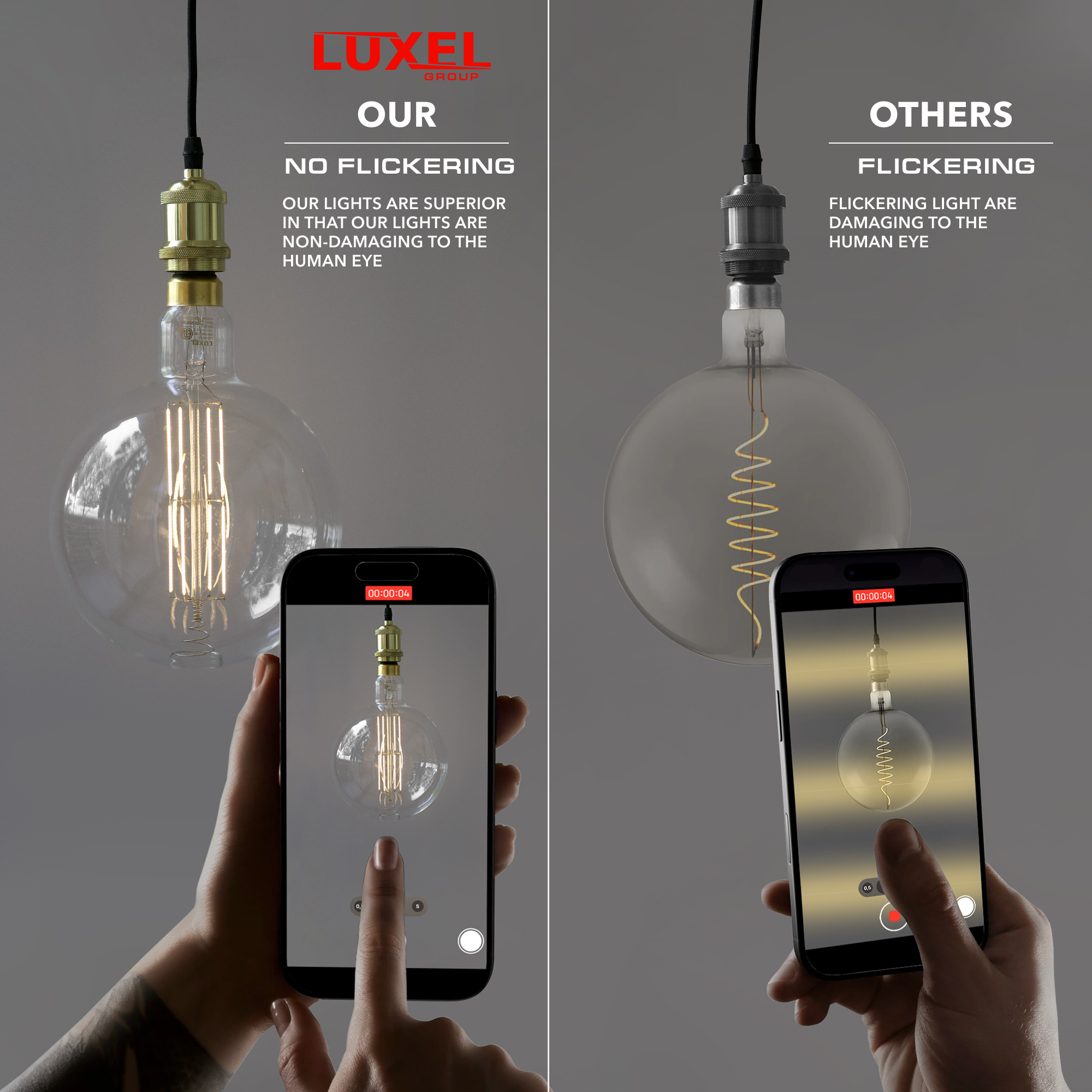 Comparison of Luxel light bulbs with flickering and no flickering on smartphones.