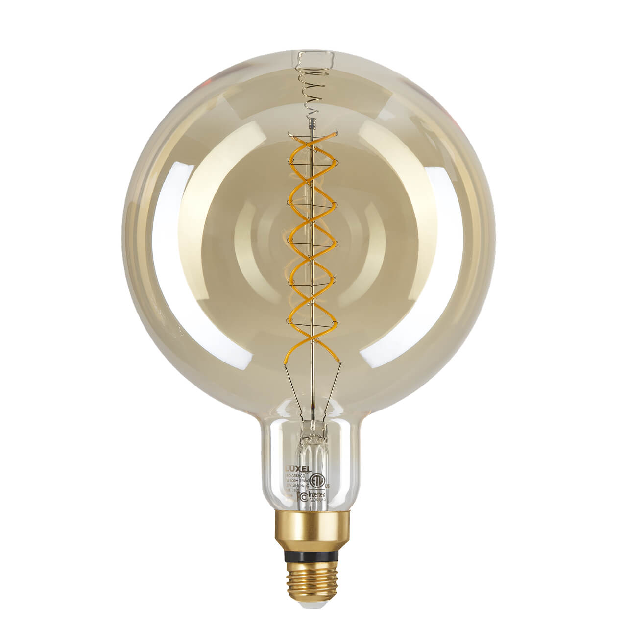 Amber LED globe bulb with spiral filament inside, large round shape and E26 base