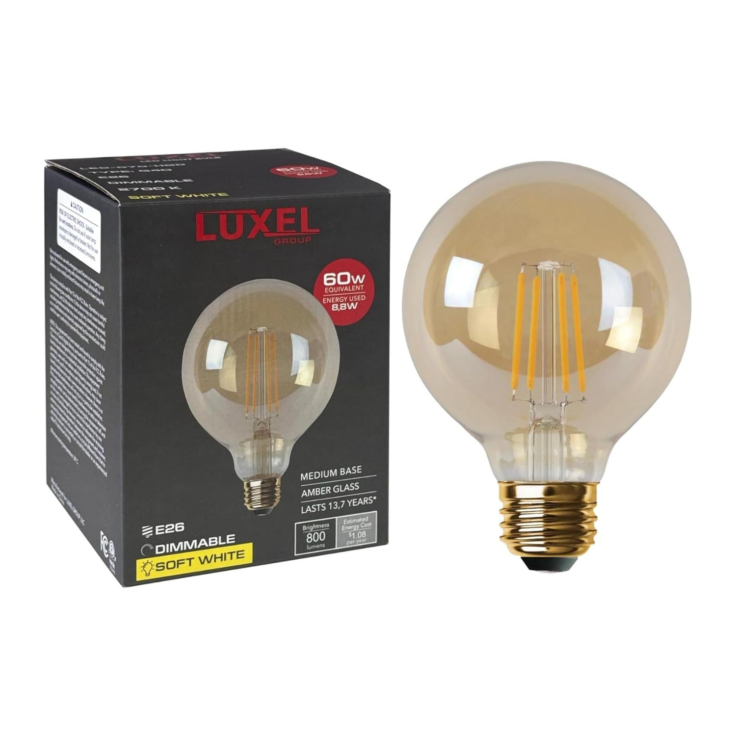 Luxel light bulb with packaging on a white background
