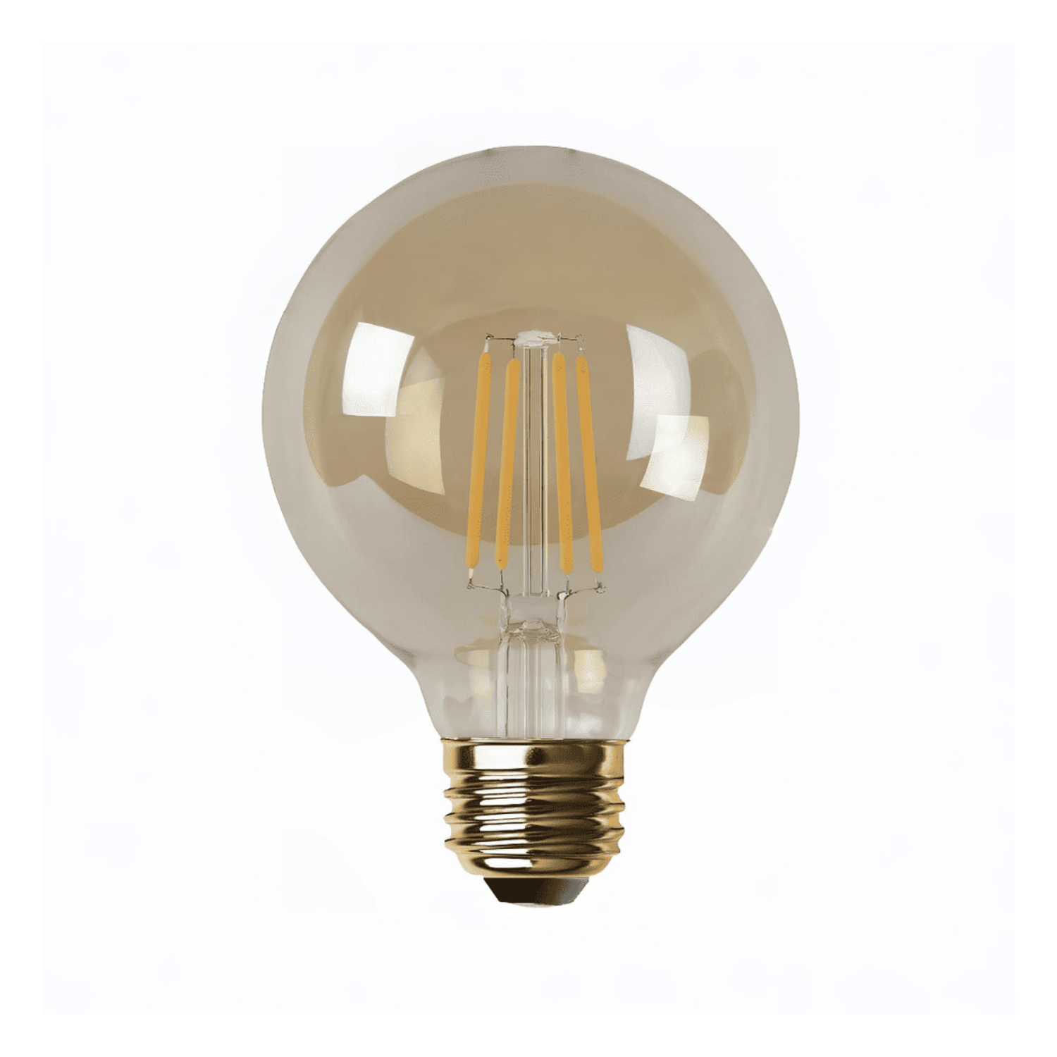 Clear light bulb with gold base on a white background
