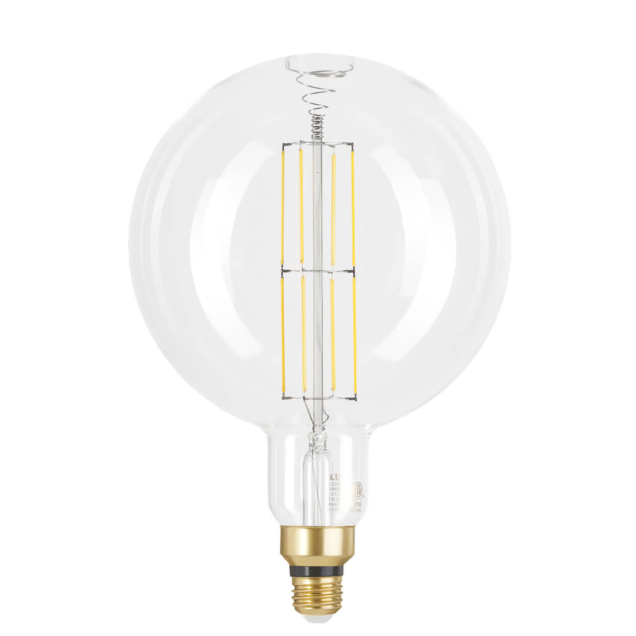Oversized clear LED bulb with vertical filament, E26 base, next to retail box labeled “LUXEL Group”