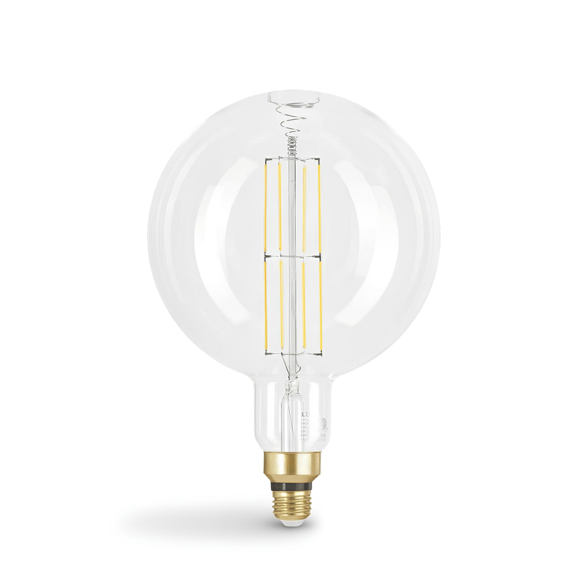 Clear LED light bulb with gold base on a white background