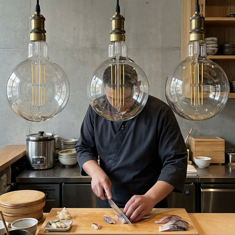 Person preparing food in a kitchen with modern pendant lights.