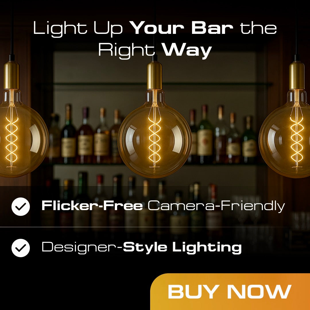 Vintage-style light bulbs with a bar setting in the background, featuring text about lighting options.
