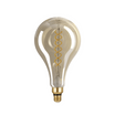 Vintage-style light bulb with clear glass and gold base on a white background