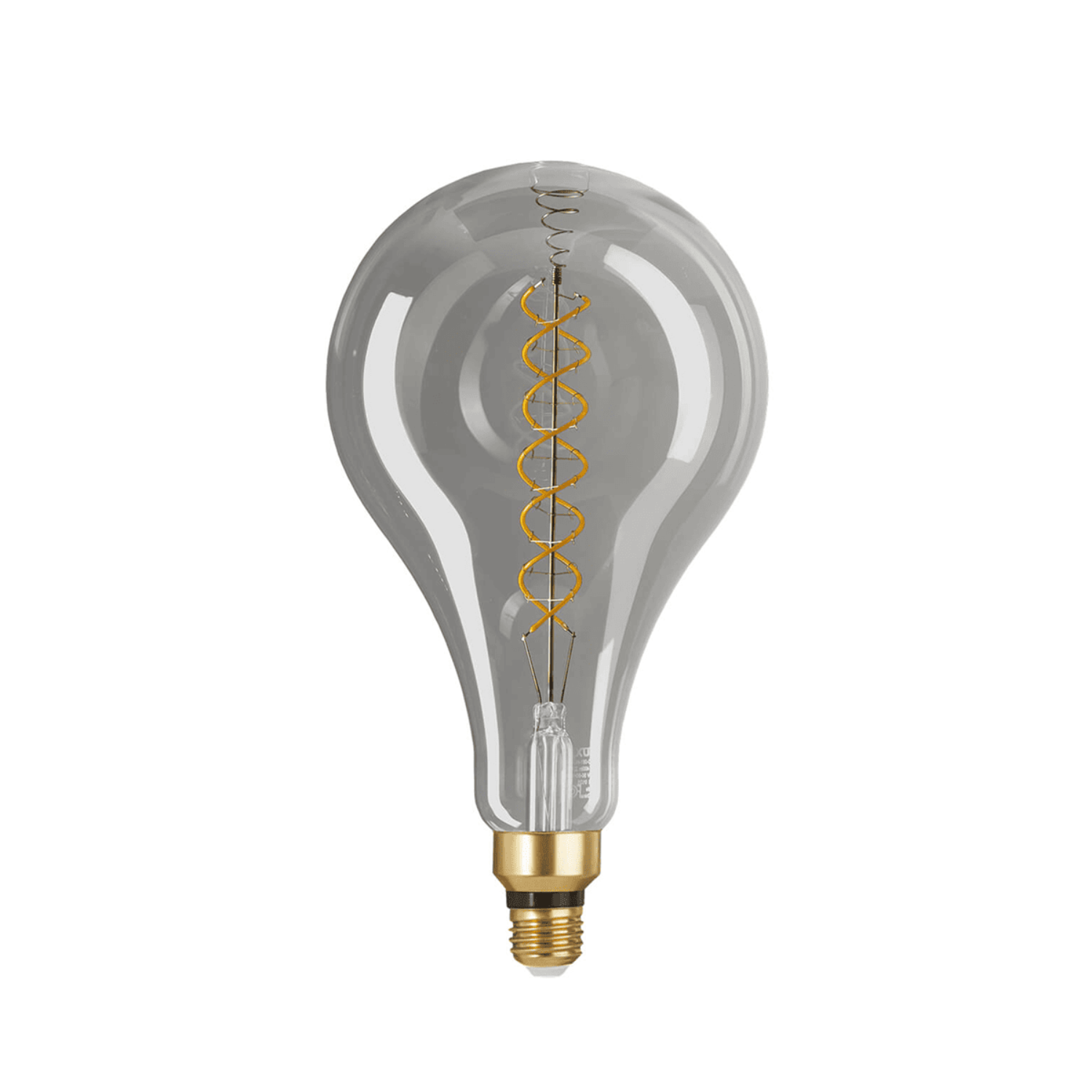 Clear light bulb with gold base on a white background