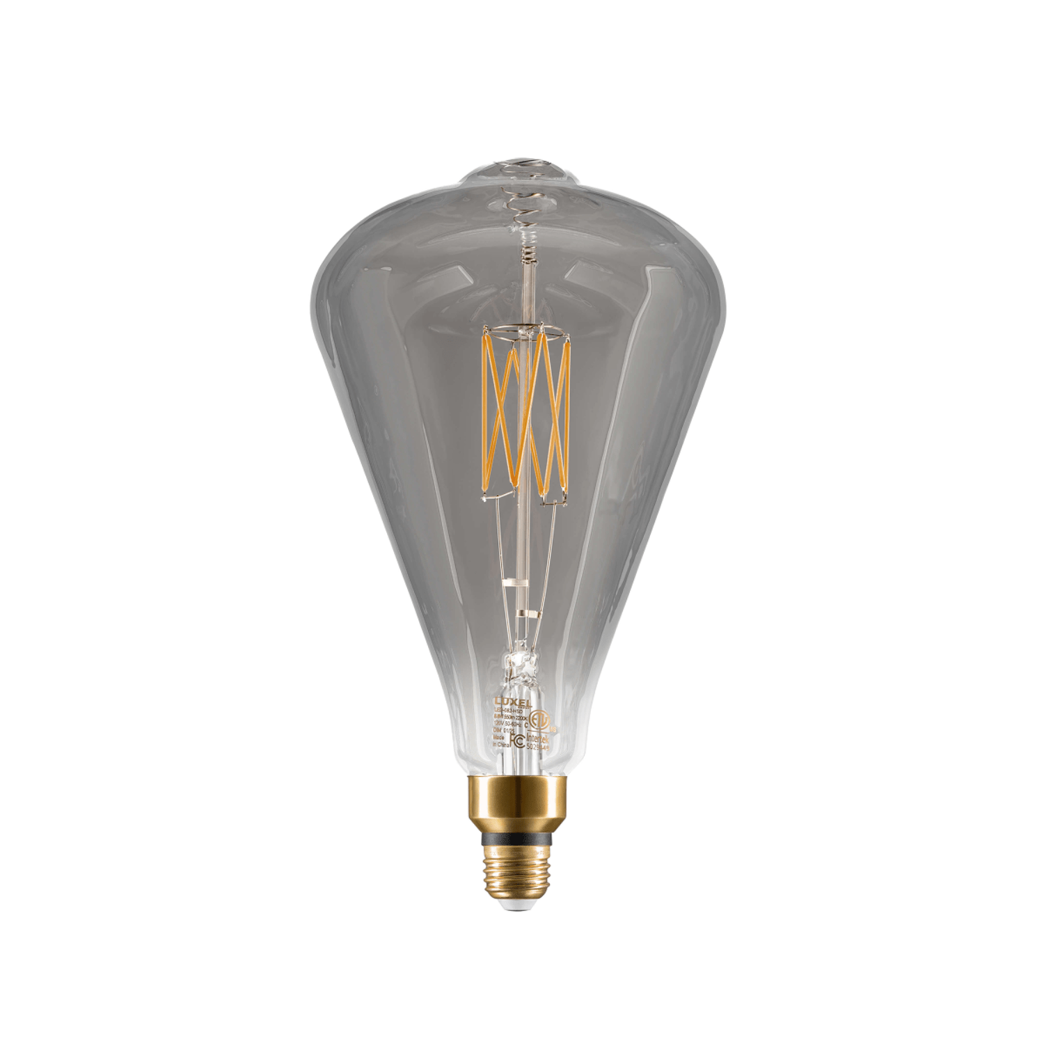 Vintage-style light bulb with clear glass and gold base on a white background