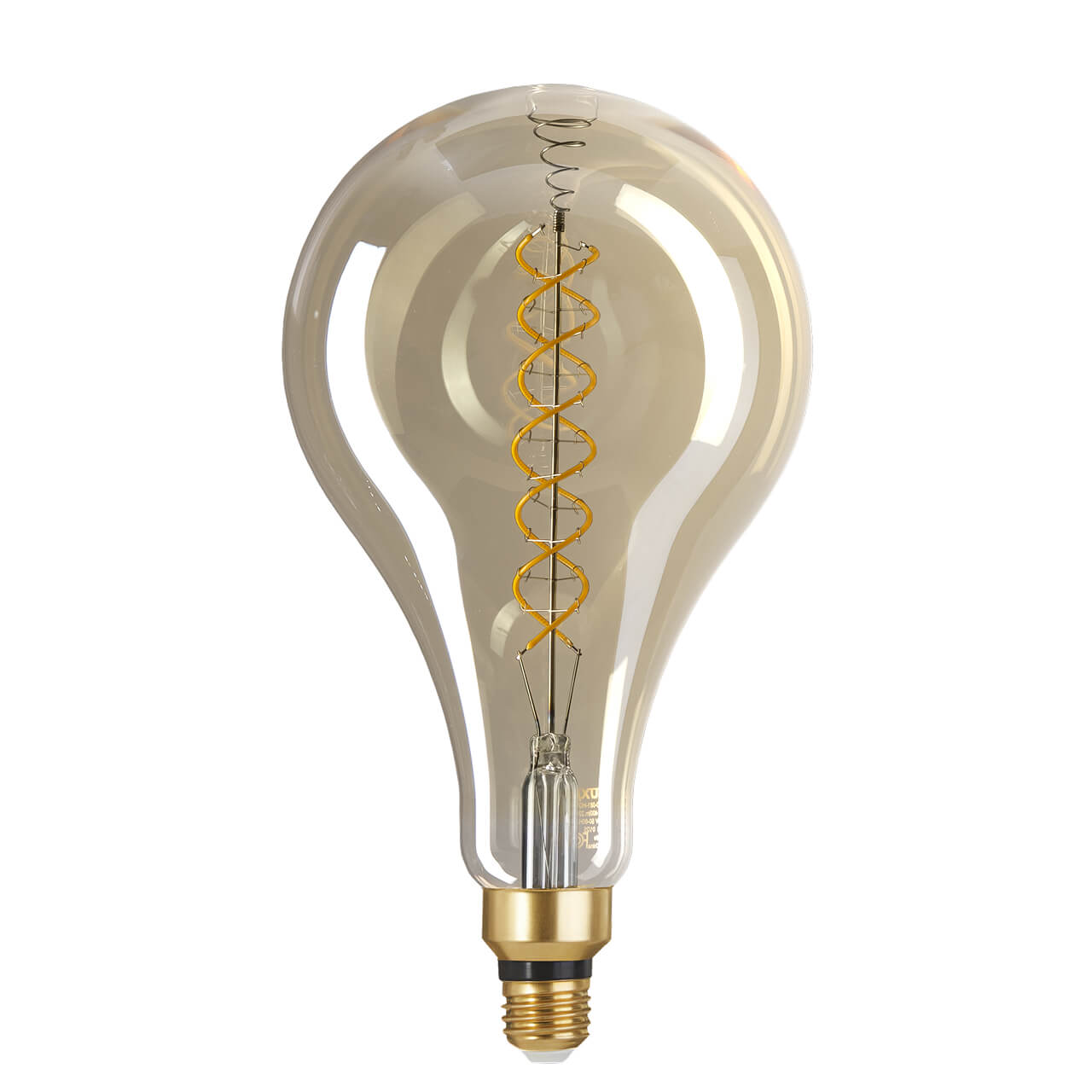 Amber-tinted oversized teardrop LED bulb with spiral filament, elegant vintage design