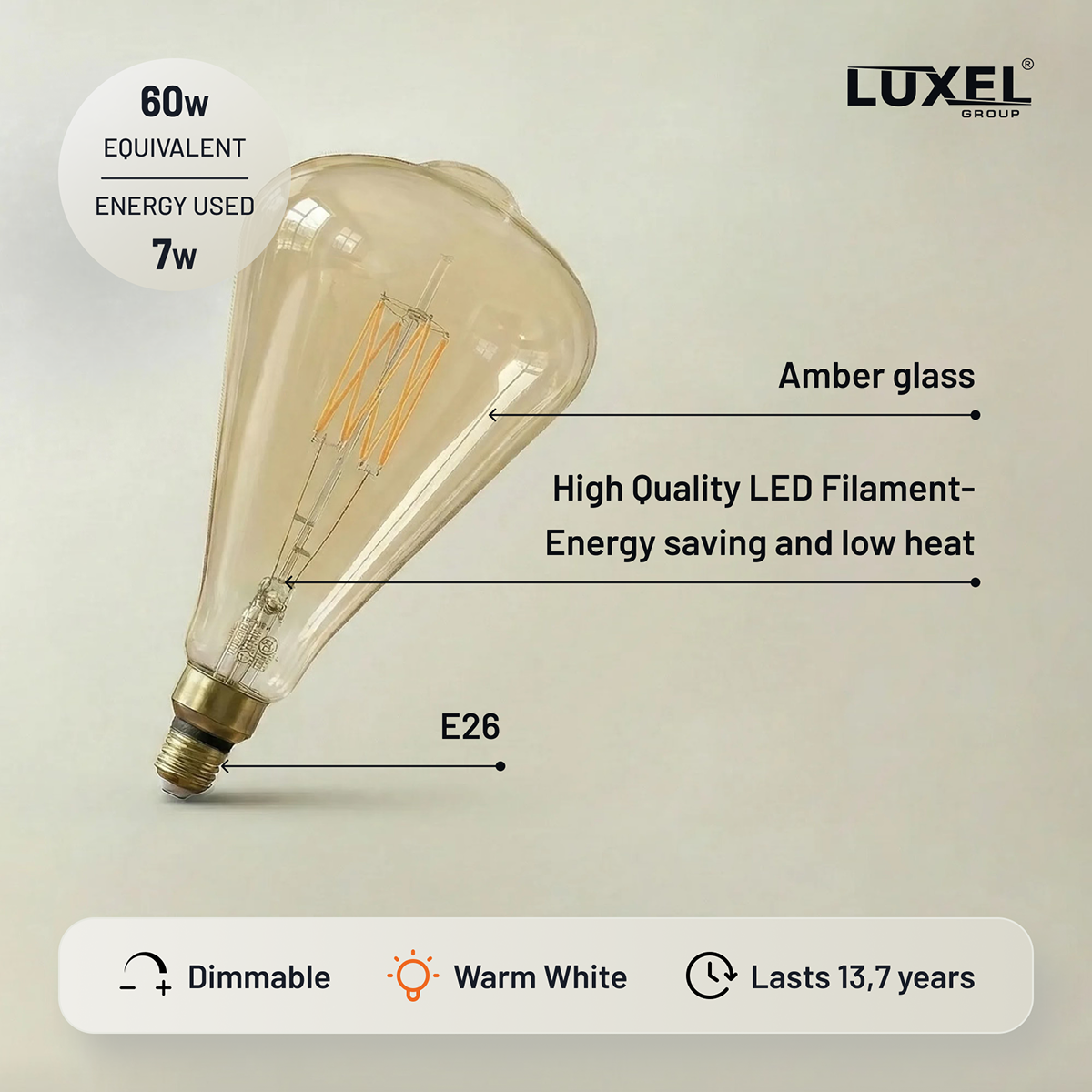 LED filament light bulb with features labeled on a beige background, featuring the Luxel brand.