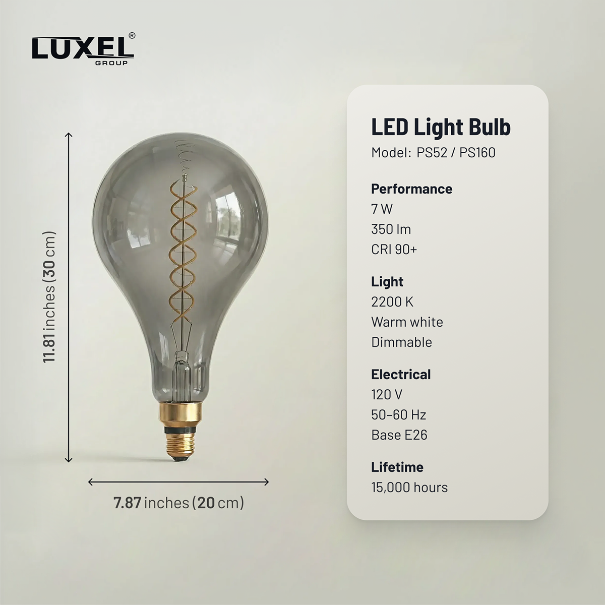 LED light bulb with Luxel branding and specifications on a gray background