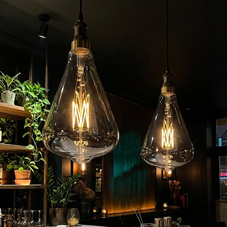 Large amber glass bulb showing an artistic filament design