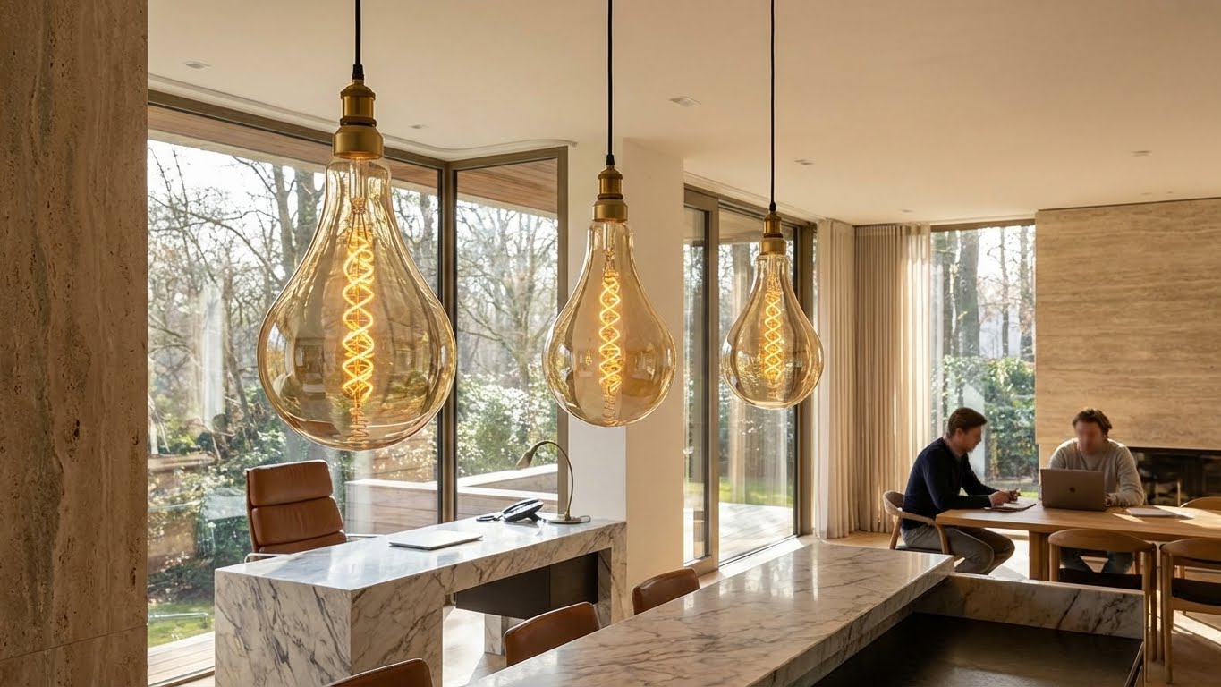 Large golden bulb glowing brightly in a dark room