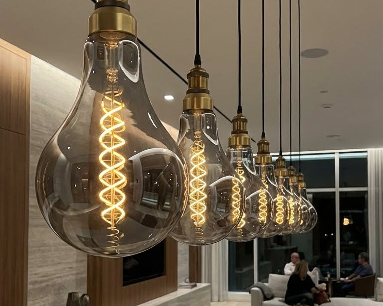 Giant amber bulb illuminated internally by a spiral