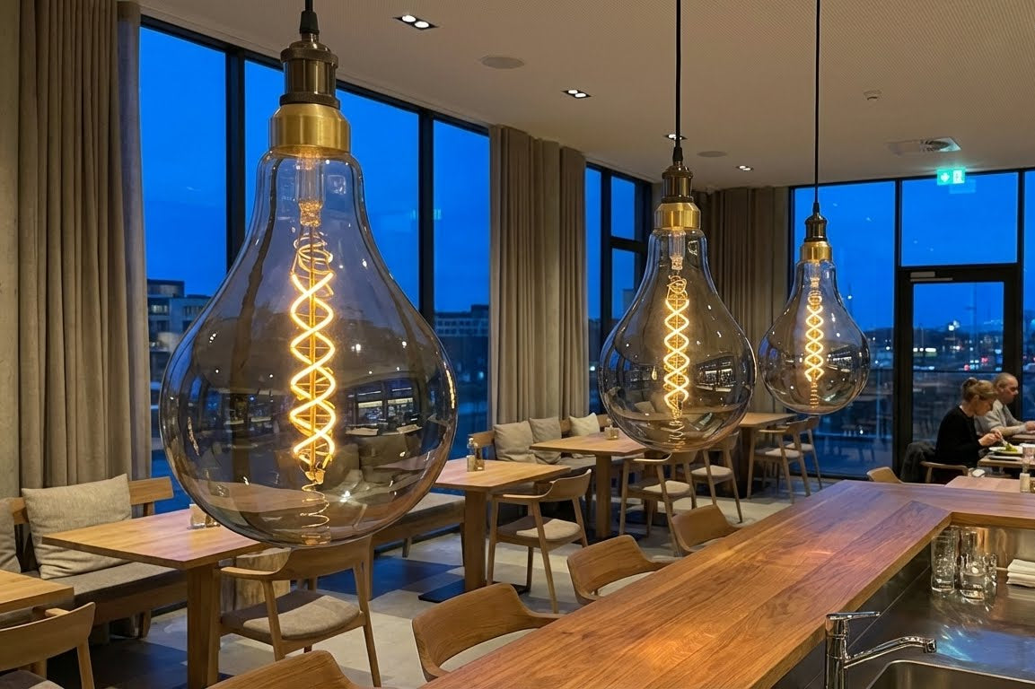 Golden glass bulb glowing with a warm spiral design