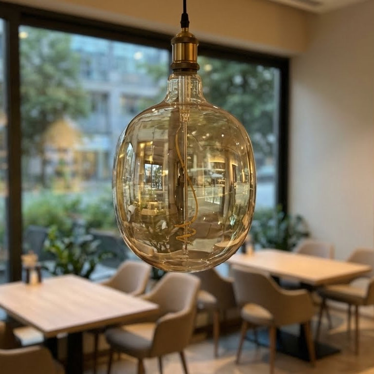 Decorative light bulb hanging in a modern restaurant with tables and chairs.