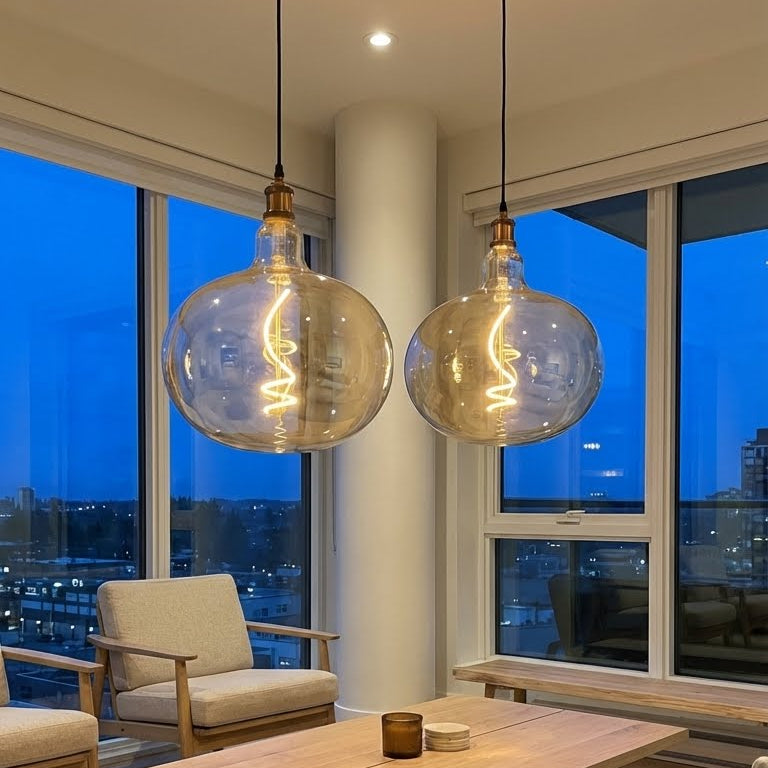 A large, warm-glowing vintage bulb option