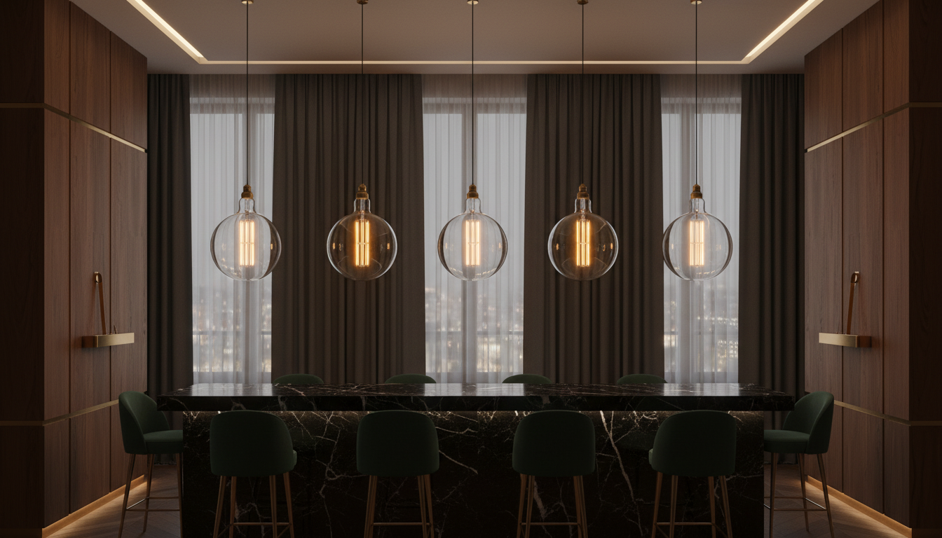 Modern conference room with pendant lights and large windows