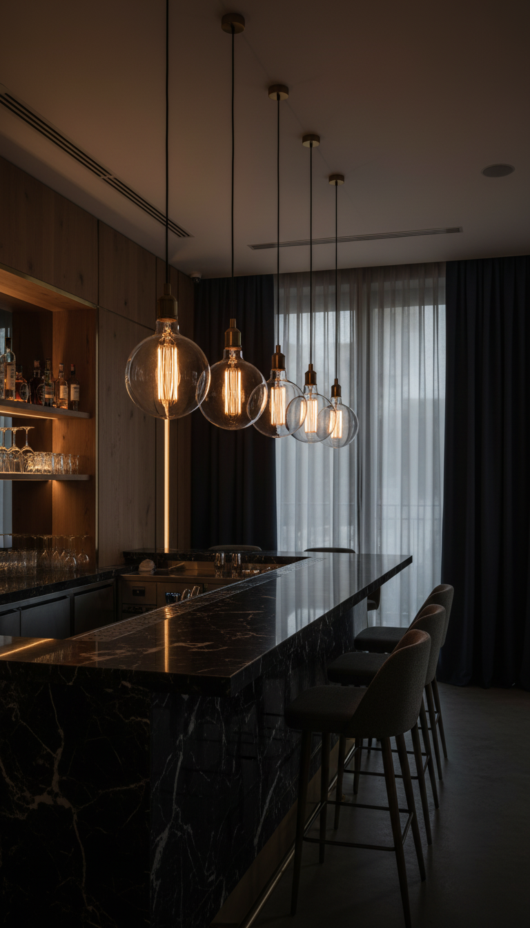 Modern kitchen with dark marble island and pendant lights